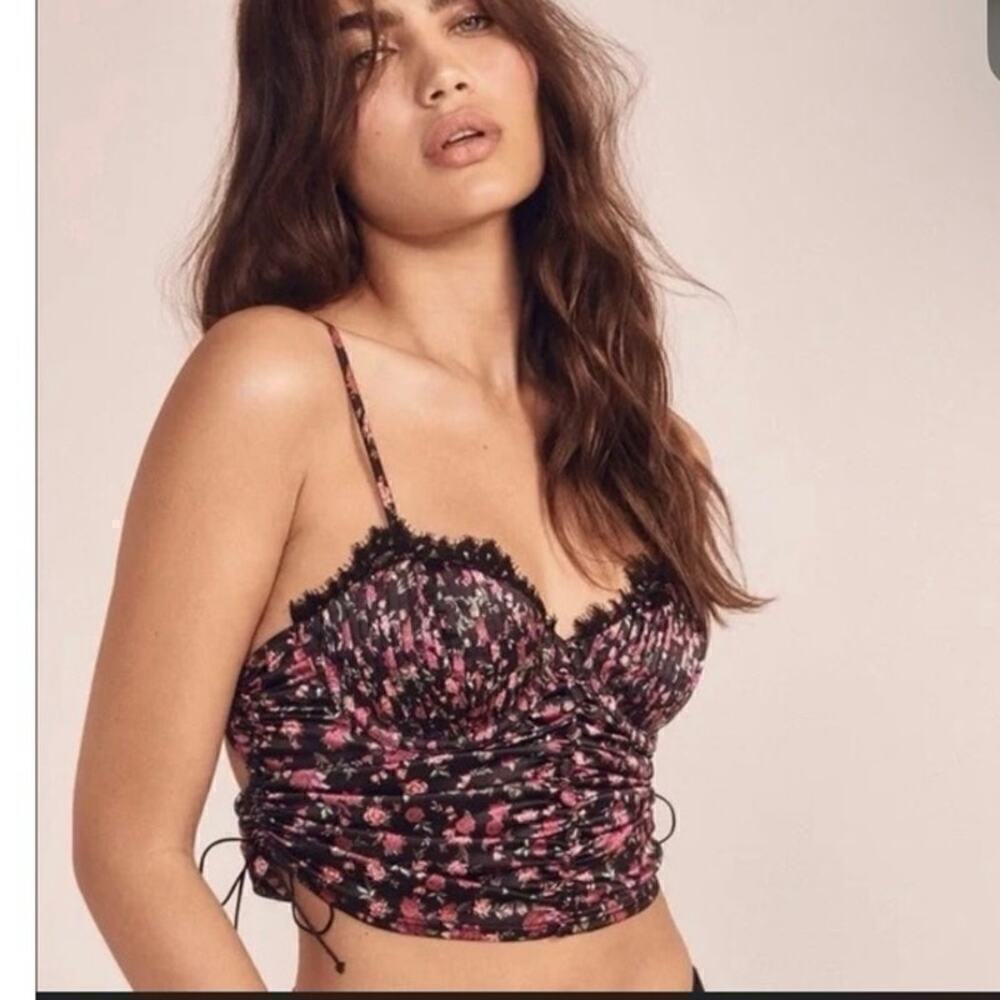 For Love &‎ Lemons Melrose Rose Print Lace Trim Bustier Top in Black Pink Floral